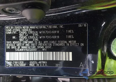 2016 Toyota Highlander Xle V6 from USA, damaged, VIN 5TDJKRFH1GS500997